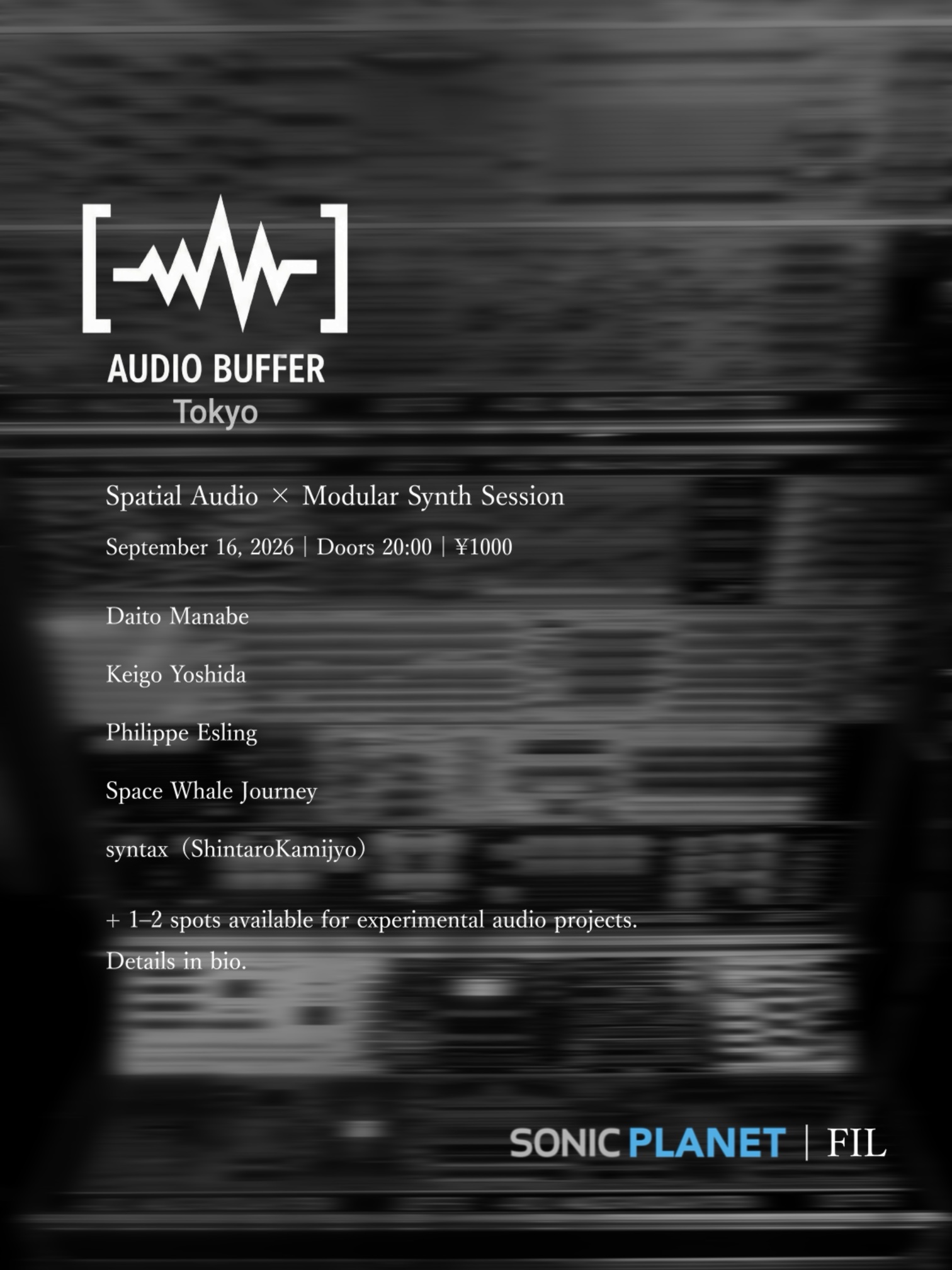 Audio Buffer Tokyo Spatial Audio × Modular Synth Session flyer featuring Keigo Yoshida (吉田慧悟) and collaborators