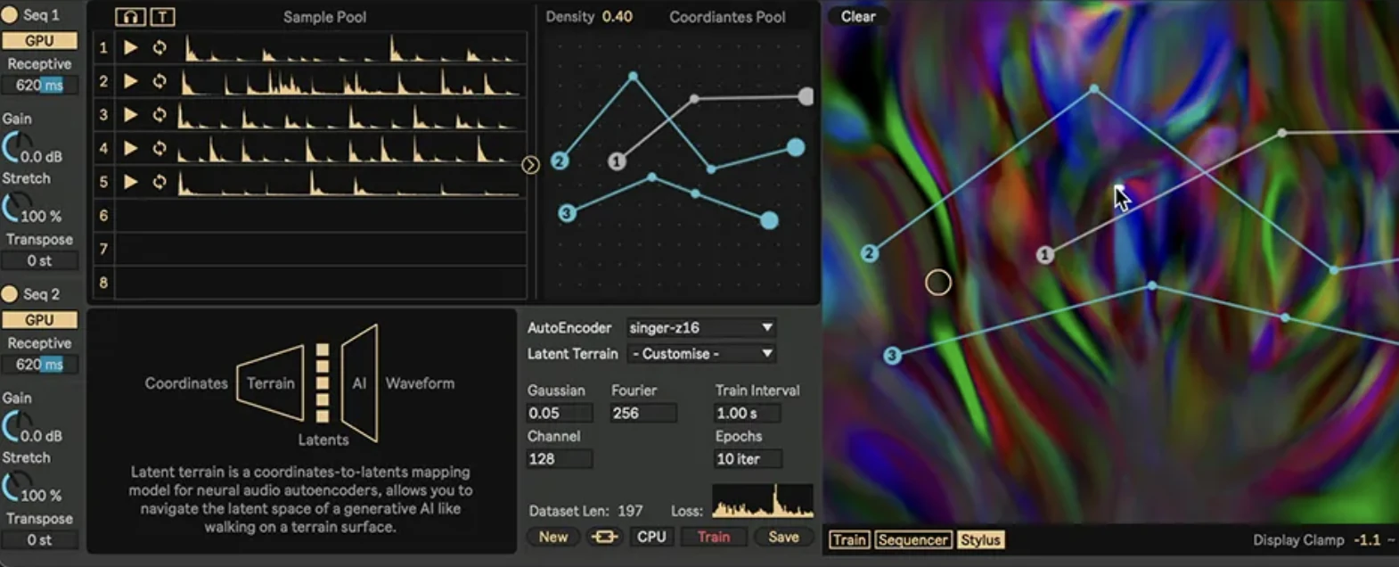 Latent Terrain (nn.terrain~) interface with a sample pool and latent-space trajectories — Keigo Yoshida (吉田慧悟)